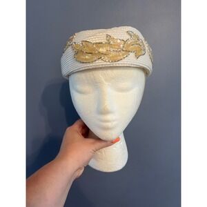 Vintage Woven White Pill Box Hat W Sequin Pattern Elastic Strap 50s/60s Elegant